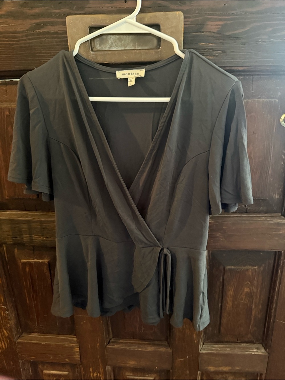 Monteau Black Wrap Peplum Short-Sleeve Blouse
